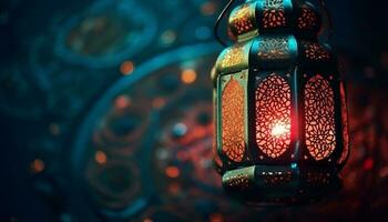 Ramadan Laternen, glühend mit abstrakt Muster, erleuchten traditionell Feierlichkeiten generiert durch ai foto