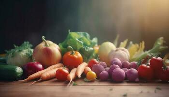 frisch organisch Gemüse auf rustikal hölzern Tisch, gesund Essen Sammlung generiert durch ai foto