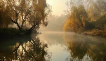 still Herbst Sonnenaufgang, nebelig Wald spiegelt auf heiter Teich generiert durch ai foto