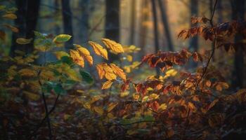 beschwingt Herbst Blätter erstellen ein bunt Wald Landschaft im Oktober generiert durch ai foto