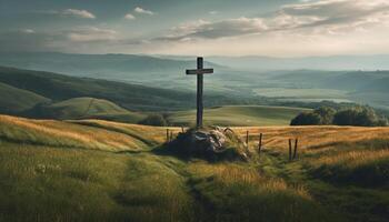 rustikal Kapelle auf still Wiese, Kreuz geformt Landschaft, Himmel Schönheit generiert durch ai foto