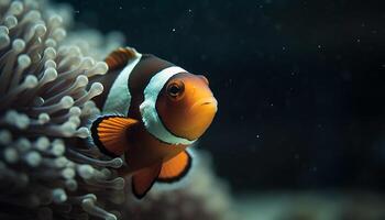 ein schließen oben von ein süß Clown Fisch Schwimmen im Koralle generiert durch ai foto