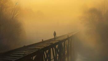 einer Person Gehen auf Fußweg, genießen still Herbst draußen generiert durch ai foto