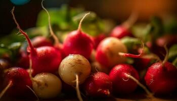 saftig Beere Obst auf nass Blatt, ein erfrischend Sommer- Snack generiert durch ai foto