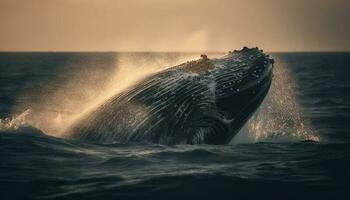 ein Buckel Wal Verstöße, Sprühen Wasser im das Sonnenuntergang generiert durch ai foto