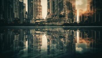 modern Wolkenkratzer erleuchten Stadt Horizont beim Nacht, reflektieren im Wasser generiert durch ai foto