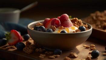 ein Gourmet Schüssel von organisch Granola und Joghurt mit Beeren generiert durch ai foto