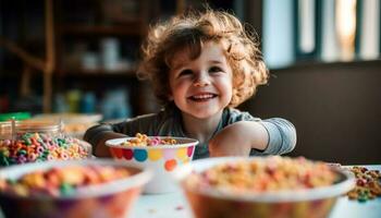 süß lockig behaart Junge genießt hausgemacht Plätzchen im heiter Küche Feier generiert durch ai foto