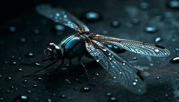 Makro Schuss von ein nass fliegen zart transparent Flügel generiert durch ai foto