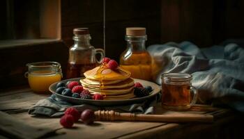 Stapel von hausgemacht Pfannkuchen mit frisch Obst und Beere Sirup generiert durch ai foto