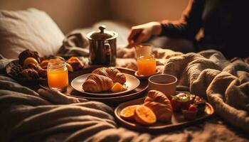 ein komfortabel Bett, frisch Croissant, und Orange Saft zum Frühstück generiert durch ai foto