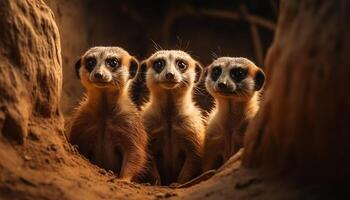 klein Gruppe von süß Erdmännchen Stehen im ein Reihe, warnen generiert durch ai foto