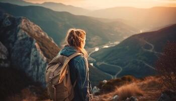 einer Person Stehen auf Berg Gipfel, genießen erfolgreich Wandern Reise generiert durch ai foto