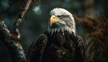 das majestätisch kahl Adler sich niederlassen auf ein Zweig, Jagd Beute generiert durch ai foto