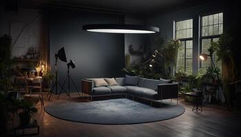 modern Wohnung mit elegant Dekor, komfortabel Sofa, und hell Beleuchtung generiert durch ai foto