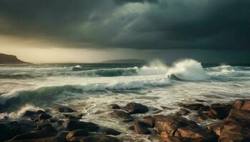 dramatisch Himmel und abstürzen Wellen Scheu beim Wasser Kante Reise Ziel generiert durch ai foto