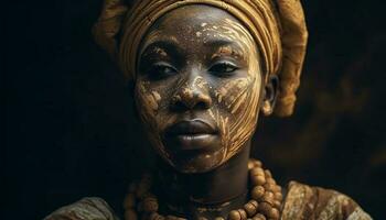 afrikanisch Frau Schönheit und Spiritualität gefangen im traditionell Kleidung Skulptur generiert durch ai foto