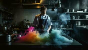 einer jung Erwachsene männlich Koch Mischen Kreativität im kommerziell Küche generiert durch ai foto