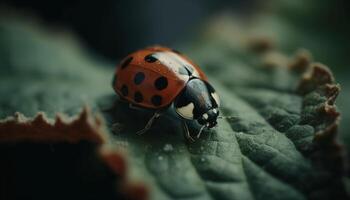 entdeckt Marienkäfer kriechen auf nass Blatt, Schönheit im Natur Regen generiert durch ai foto