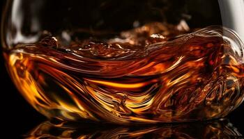 ein luxuriös Gold farbig Whiskey Flasche Gießen Flüssigkeit in ein Schnüffler generiert durch ai foto