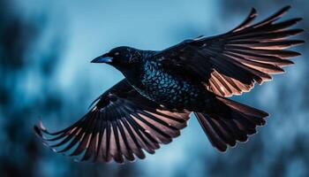 Verbreitung Flügel, dunkel Falke sich niederlassen auf schneebedeckt Baum Ast generiert durch ai foto