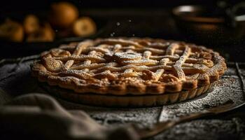 frisch gebacken hausgemacht Apfel Kuchen, ein rustikal Gourmet Genuss generiert durch ai foto