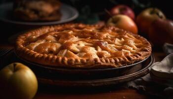 frisch gebacken Apfel Kuchen, ein Süss Genuss auf rustikal Tabelle generiert durch ai foto