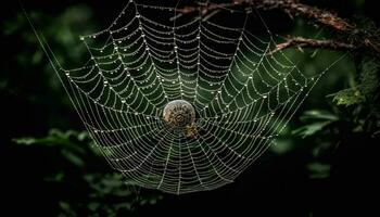 gespenstisch Spinne dreht sich kompliziert Netz, Erfassen Tau Tropfen im Herbst Wald generiert durch ai foto
