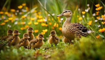 süß Gelb Entlein mit flauschige Gefieder Gehen im Grün Wiese generiert durch ai foto