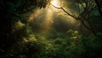 das still Wald leuchtet mit Sonnenlicht, ein mysteriös Schönheit generiert durch ai foto