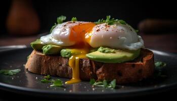 ein Gourmet Brunch Teller mit getoastet brot, pochiert Ei, und Spargel generiert durch ai foto