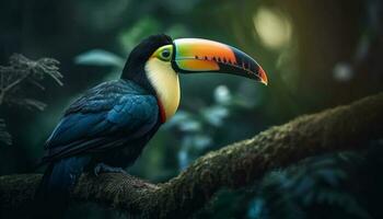 beschwingt Ara und Tukan sich niederlassen auf Ast im tropisch Regenwald generiert durch ai foto