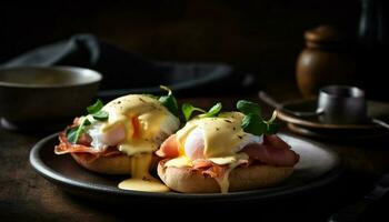 ein Gourmet Brunch Mahlzeit mit pochiert Ei, Prosciutto, und Hollandaise Soße generiert durch ai foto