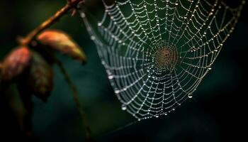 gespenstisch Spinne dreht sich feucht Netz, Erfassen Schönheit im Natur Jahreszeit generiert durch ai foto