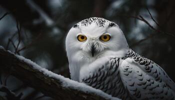 schneebedeckt Eule sich niederlassen auf Zweig, starren beim Kamera mit Fokus generiert durch ai foto