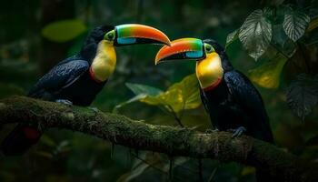 beschwingt Tukane Barsch auf multi farbig Geäst im tropisch Regenwald generiert durch ai foto
