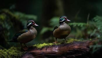 männlich Stockente Ente mit multi farbig Gefieder genießt Teich im Wald generiert durch ai foto