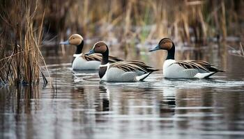 männlich Stockente Ente spiegelt multi farbig Schönheit im still Teich Szene generiert durch ai foto