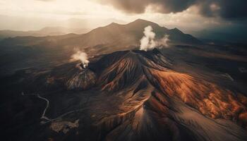 vulkanisch Landschaft beschädigt durch Verschmutzung, immer noch ein Reise Ziel Schönheit generiert durch ai foto