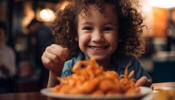 süß lockig behaart Mädchen genießt Snack beim heiter Familie Küche Tabelle generiert durch ai foto