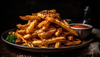 gegrillt Fleisch und Französisch Fritten, ein klassisch amerikanisch Mittagessen Bar generiert durch ai foto