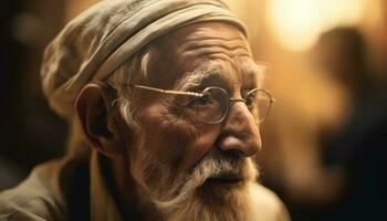 heiter Großvater mit Turban Vitrinen indisch Kultur und Weisheit generiert durch ai foto