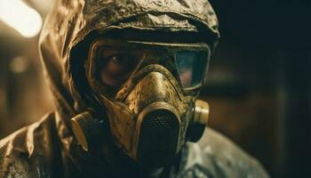 einer Mann im schützend Arbeitskleidung und Gas Maske, suchen aggressiv generiert durch ai foto