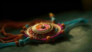 aufwendig Armband geschmückt mit multi farbig Perlen symbolisiert indisch Spiritualität generiert durch ai foto