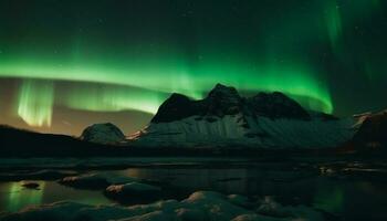 Scheu inspirierend Arktis Landschaft beleuchtet durch multi farbig Aurora Polaris generiert durch ai foto