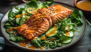 gegrillt Lachs Filet mit organisch Salat, Gurke, und Sesam Soße generiert durch ai foto