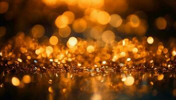 glänzend Gold Dekorationen erleuchten das dunkel Hintergrund mit glänzend Glanz generiert durch ai foto