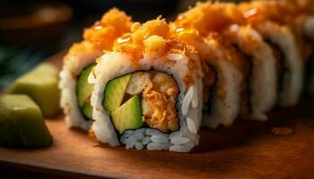 gesund Mittagessen frisch Meeresfrüchte maki Sushi mit Avocado und Reis generiert durch ai foto