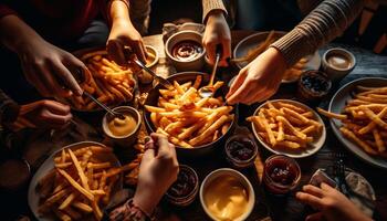 freunde genießen Sozial Versammlung beim Kneipe, Essen bereit Kartoffel Snack generiert durch ai foto