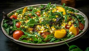 gegrillt Meeresfrüchte Salat mit Kirsche Tomaten, Kräuter, und Rucola Vorspeise generiert durch ai foto